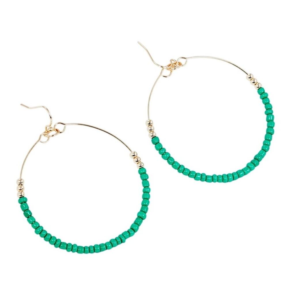 3/$15 Boho Green Glass Beaded Round 2 inch Fishhook Earrings on Gold Tone Wire